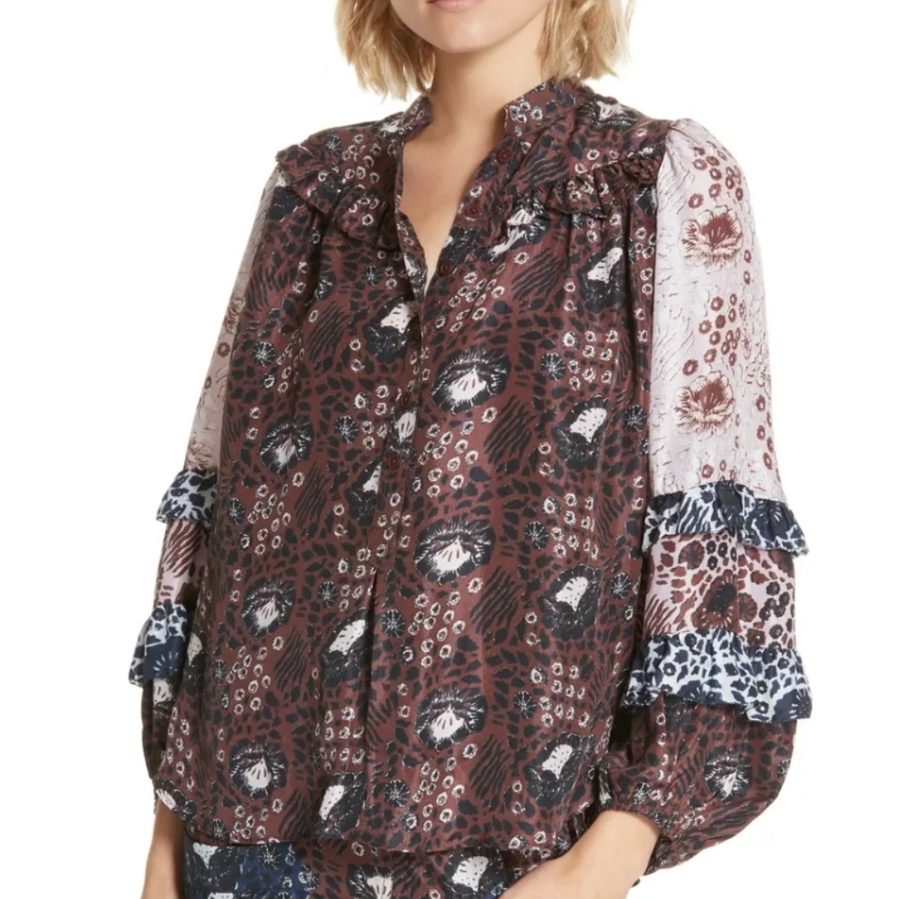 Apiece Apart Mixed-Print Bravissima Ruffle Silk Blouse in Clove Sombras